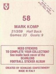 1983 Scanlens VFL Stickers #58 Mark Komp Back